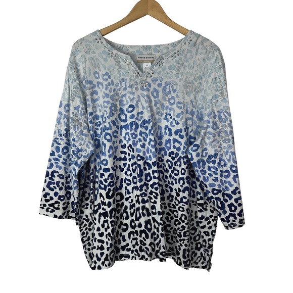 Alfred Dunner Tops - Alfred Dunner Shirt Womens 2X Blue White Animal Print 3/4 Sleeve Embellished